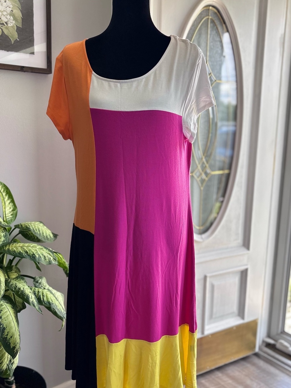Color-Block Midi Dress in Pink, Yellow, Orange & White
